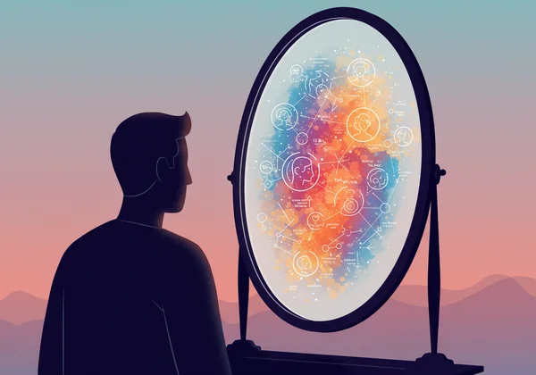 A person contemplating their reflection, showing personality traits.