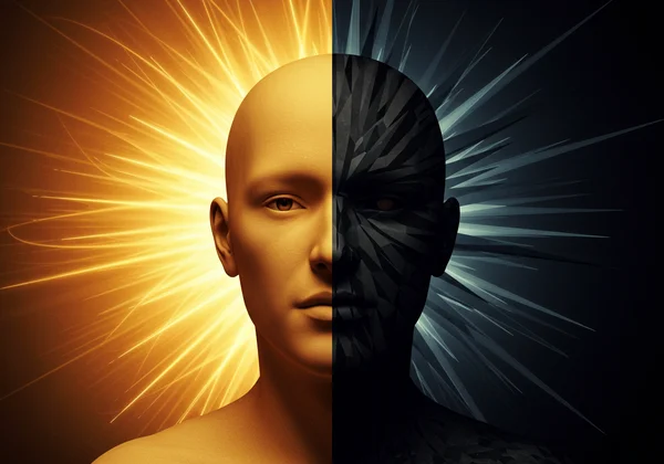 Abstract art of a face split into light and dark sides.