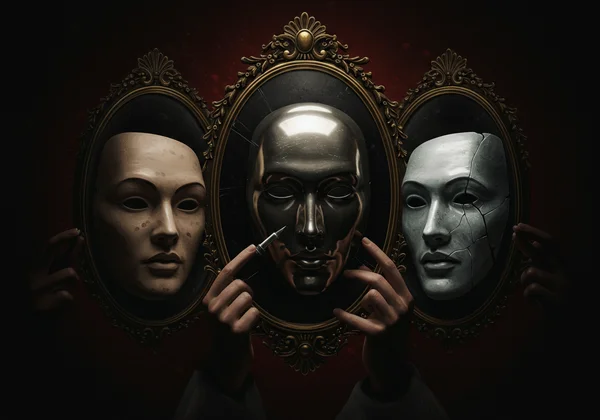 Three masks representing Dark Triad traits distorting reality