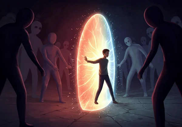A person creating a protective barrier or boundary