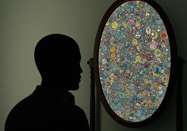 Person looking at a complex reflection, symbolizing self-awareness